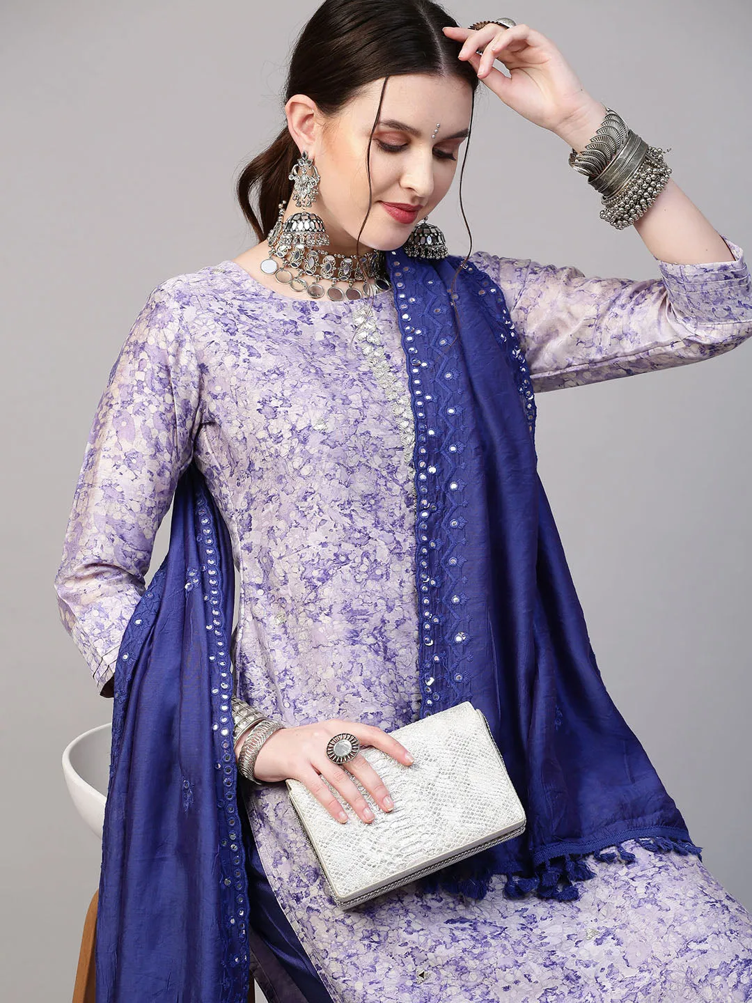 Abstract Floral Printed & Hand Embroidered Kurta with Pants & Dupatta - Violet