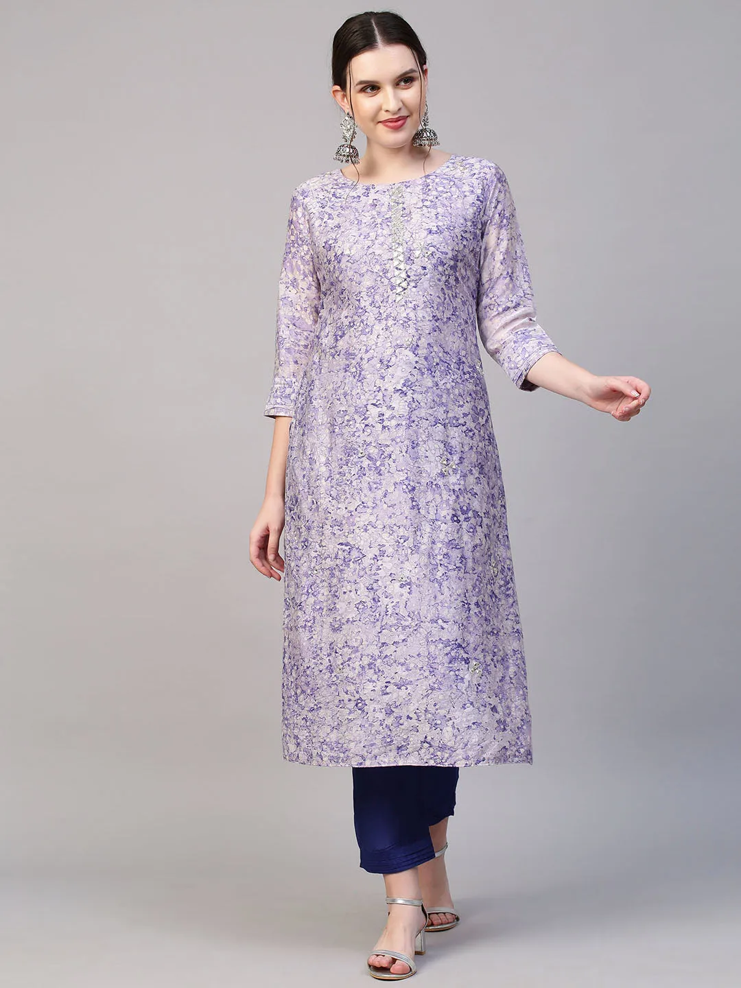 Abstract Floral Printed & Hand Embroidered Kurta with Pants & Dupatta - Violet