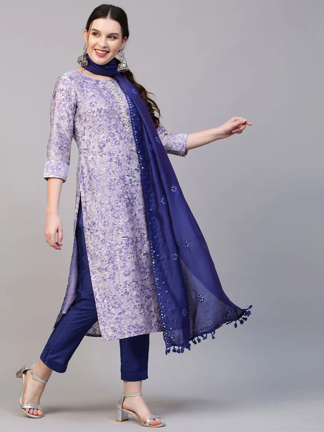 Abstract Floral Printed & Hand Embroidered Kurta with Pants & Dupatta - Violet