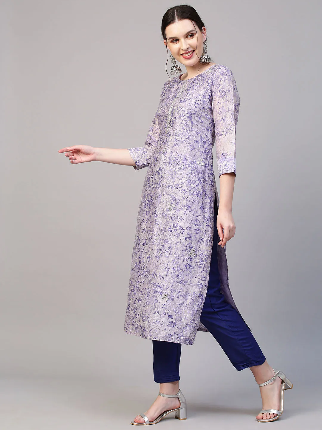 Abstract Floral Printed & Hand Embroidered Kurta with Pants & Dupatta - Violet