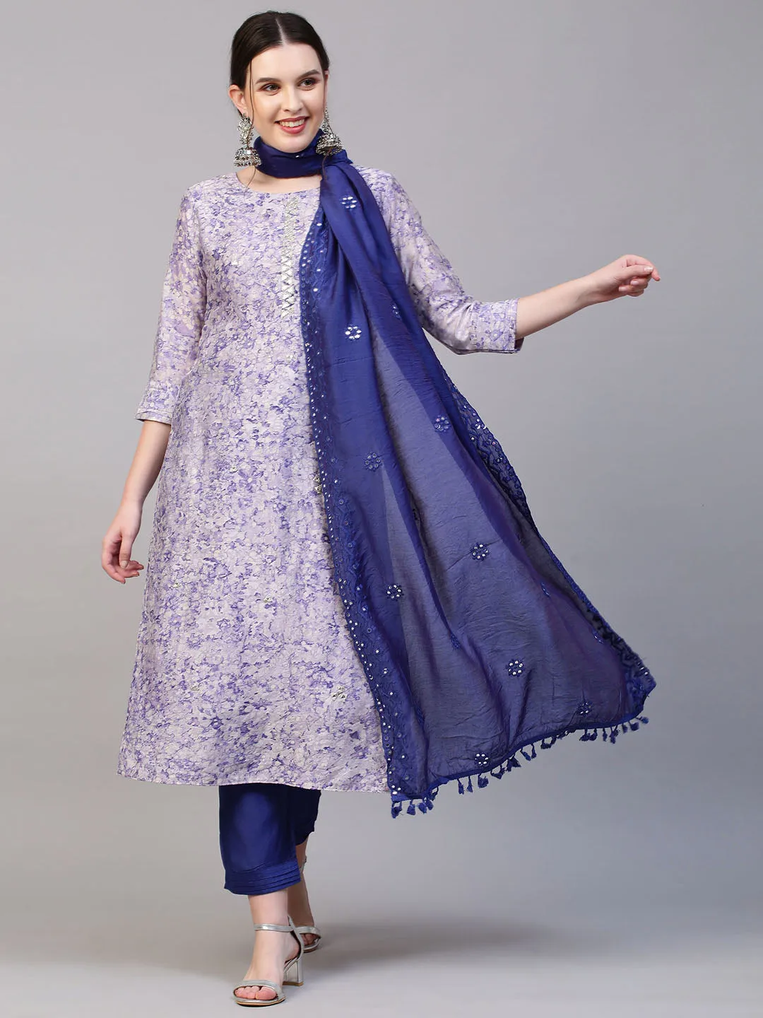 Abstract Floral Printed & Hand Embroidered Kurta with Pants & Dupatta - Violet