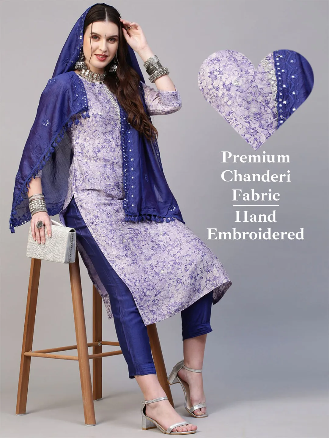 Abstract Floral Printed & Hand Embroidered Kurta with Pants & Dupatta - Violet