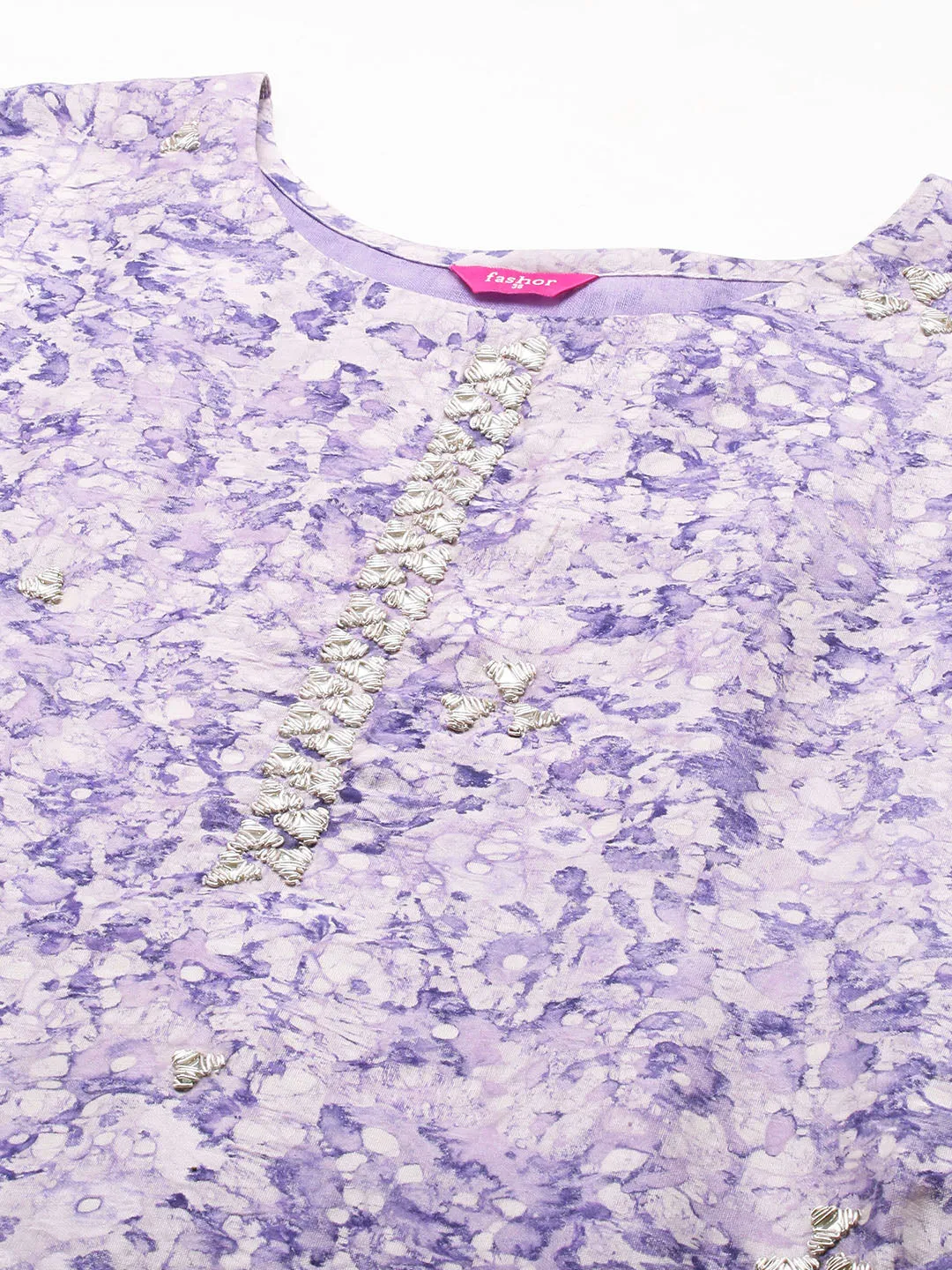 Abstract Floral Printed & Hand Embroidered Kurta with Pants & Dupatta - Violet