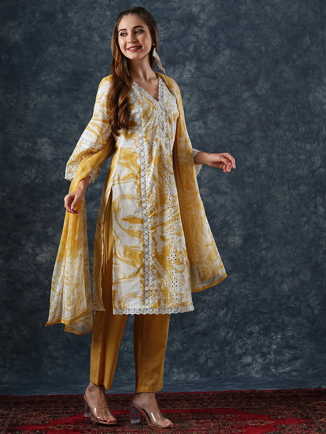 Abstract Printed Schiffili Embroidered Lace Work Kurta with Pants & Dupatta - Yellow