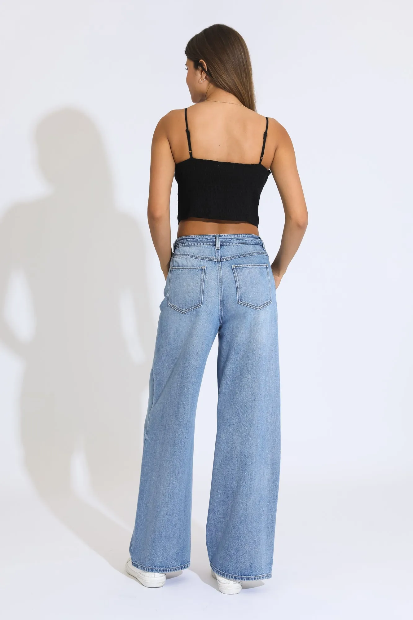 Belted Baggy Wide Leg Jeans - Medium Indigo