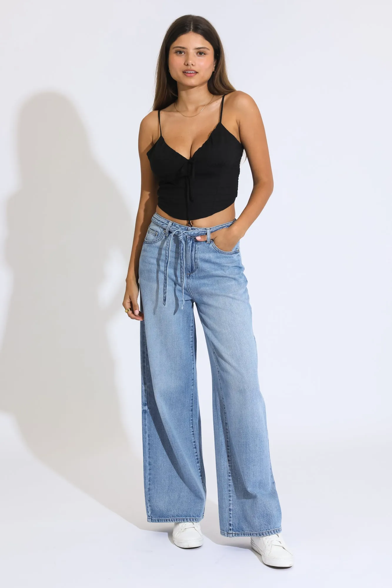 Belted Baggy Wide Leg Jeans - Medium Indigo