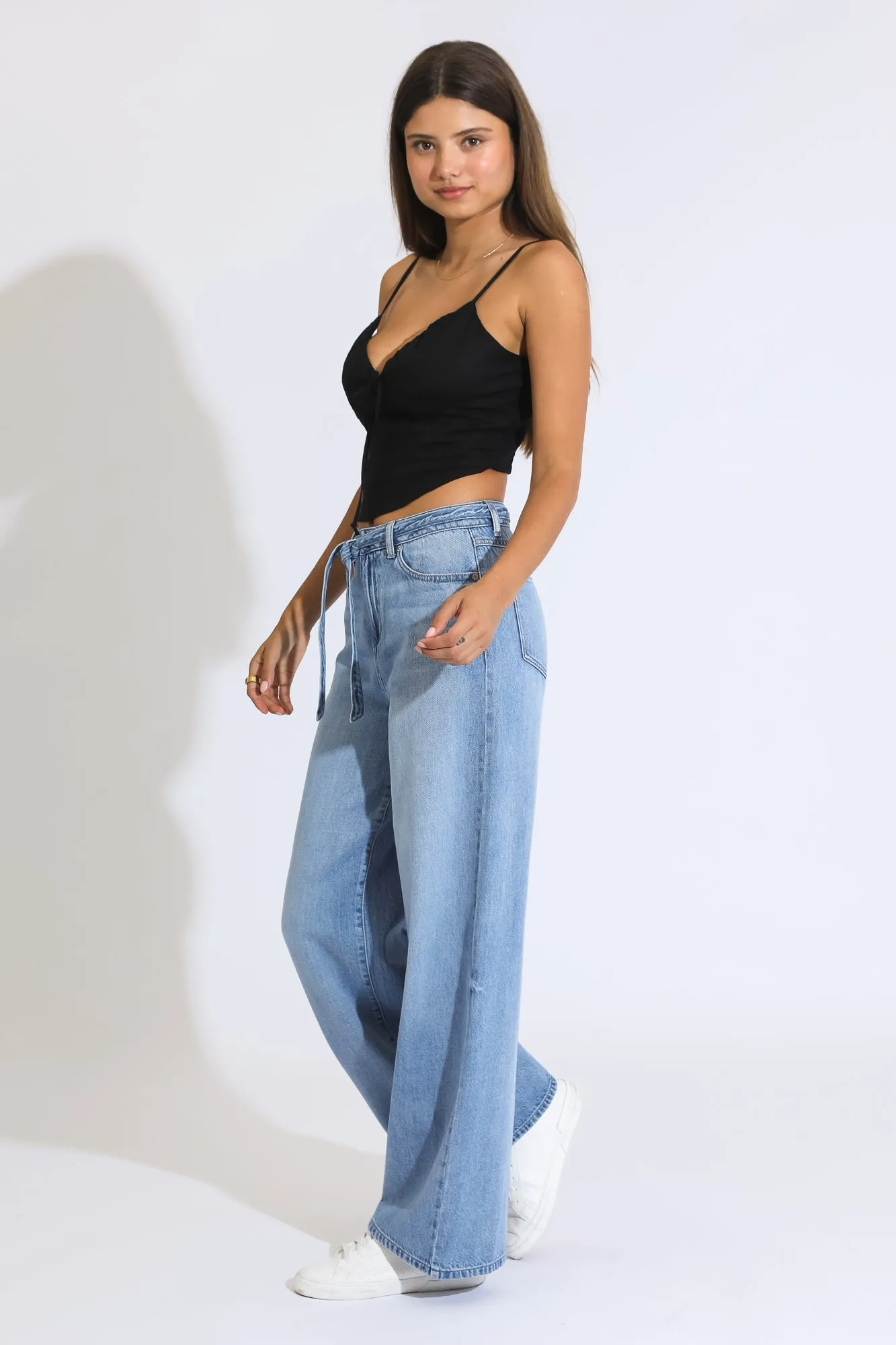 Belted Baggy Wide Leg Jeans - Medium Indigo