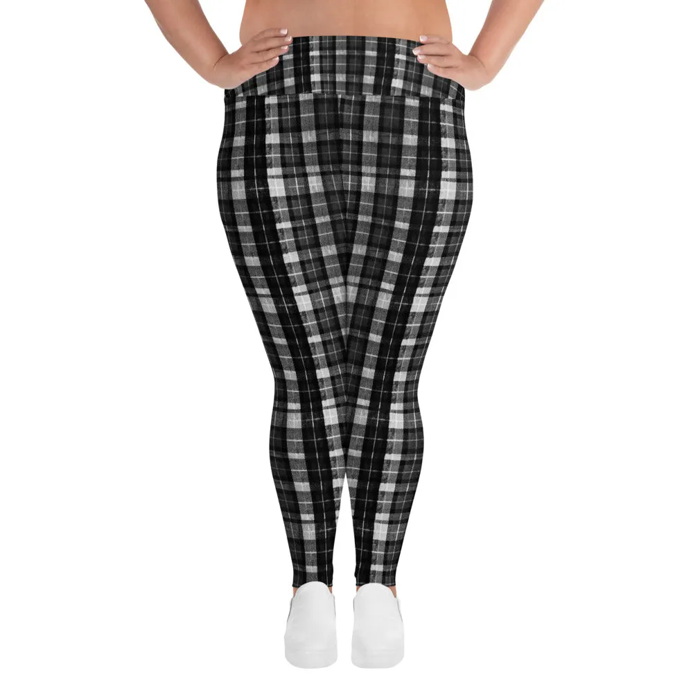 Black Plaid Plus Size Leggings, Tartan Scottish Print Women's High Waist Long Yoga Pants