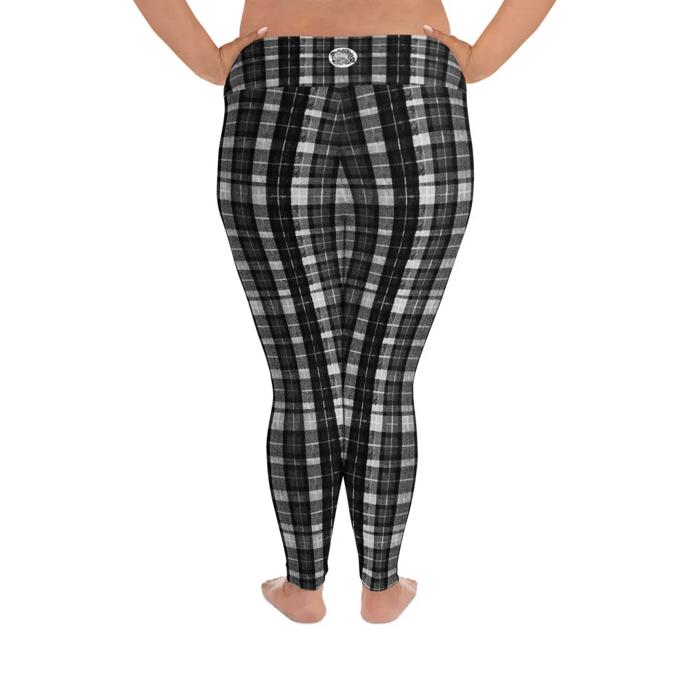 Black Plaid Plus Size Leggings, Tartan Scottish Print Women's High Waist Long Yoga Pants