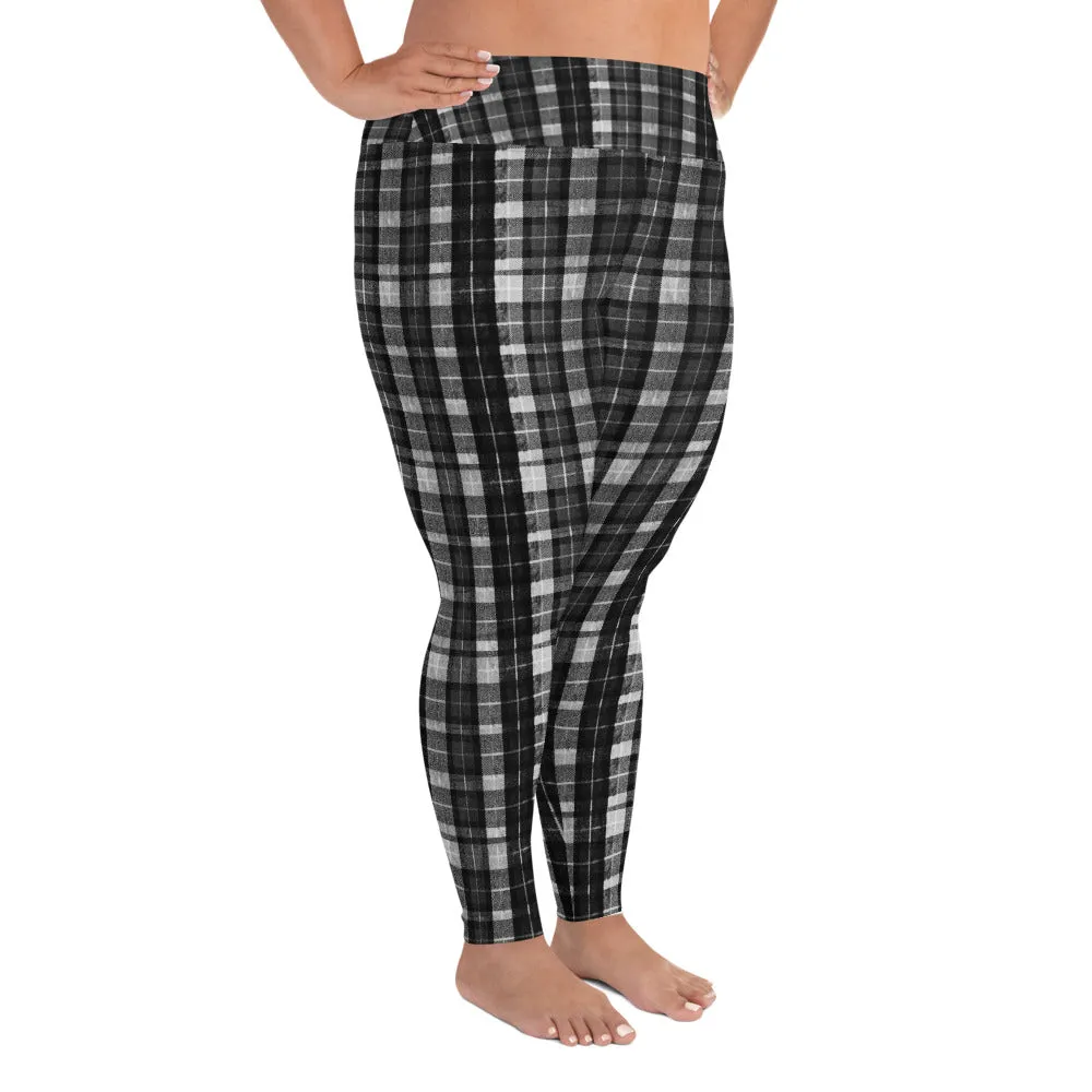 Black Plaid Plus Size Leggings, Tartan Scottish Print Women's High Waist Long Yoga Pants