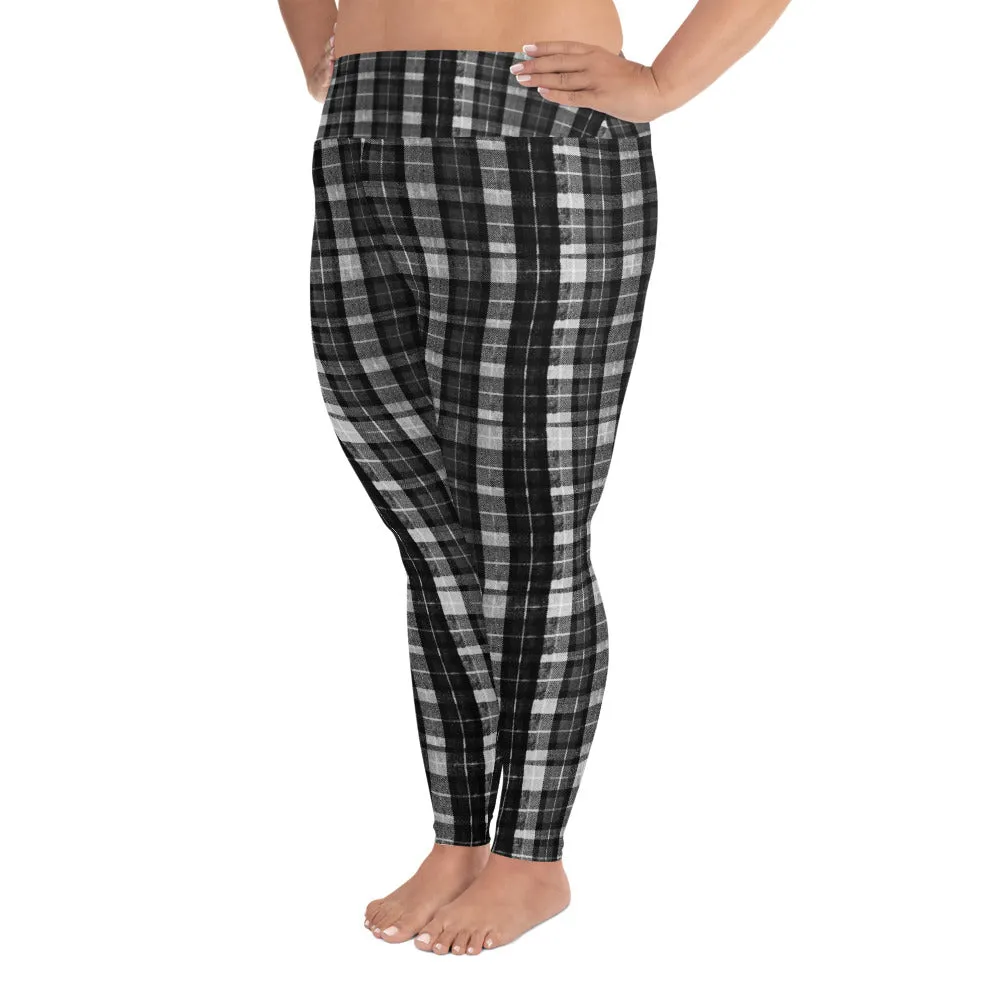 Black Plaid Plus Size Leggings, Tartan Scottish Print Women's High Waist Long Yoga Pants