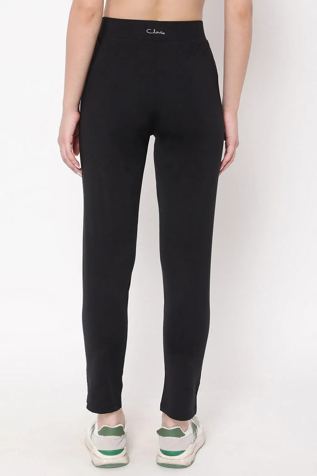 Black Poly Spandex Snug Fit High-Rise Straight Pants