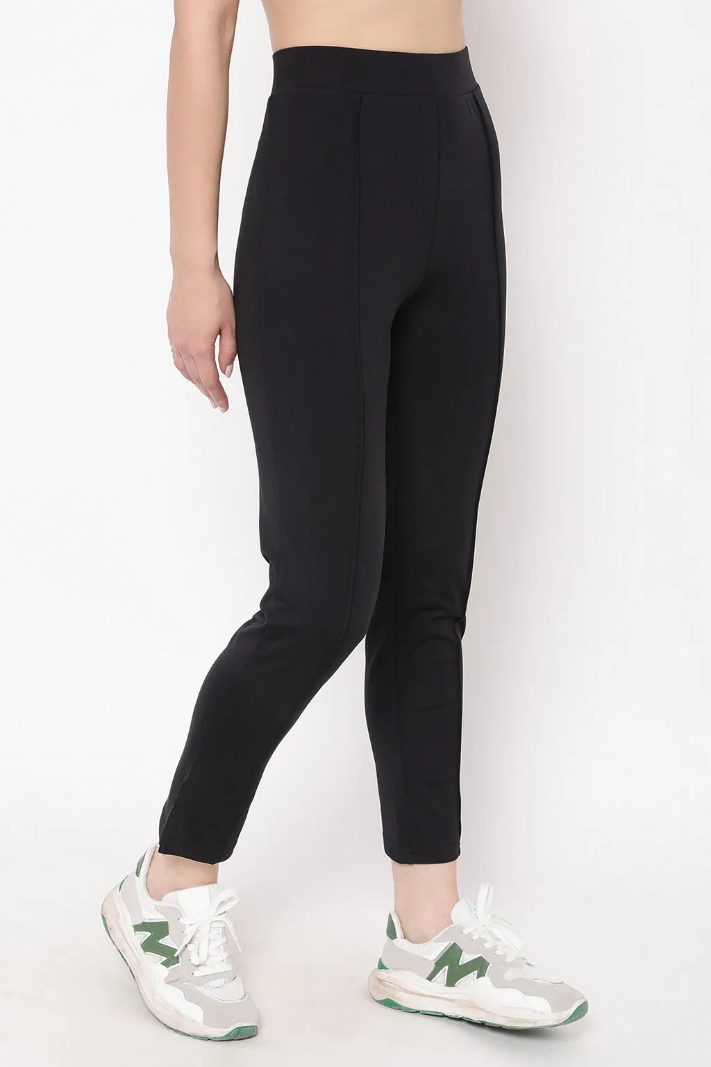 Black Poly Spandex Snug Fit High-Rise Straight Pants