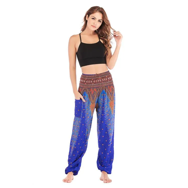 Bohemia Peacock Pocket Casual Loose Wide Leg Yoga Pants For Women