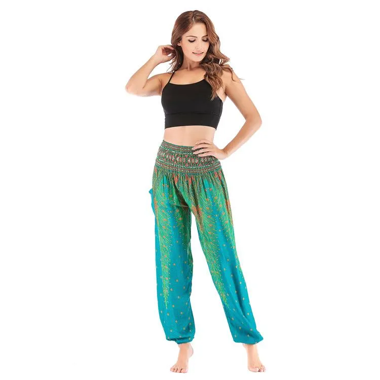 Bohemia Peacock Pocket Casual Loose Wide Leg Yoga Pants For Women