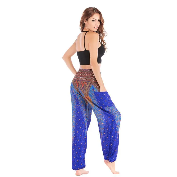 Bohemia Peacock Pocket Casual Loose Wide Leg Yoga Pants For Women