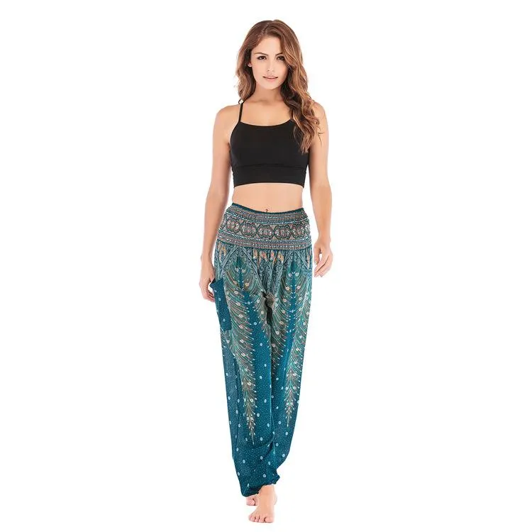 Bohemia Peacock Pocket Casual Loose Wide Leg Yoga Pants For Women