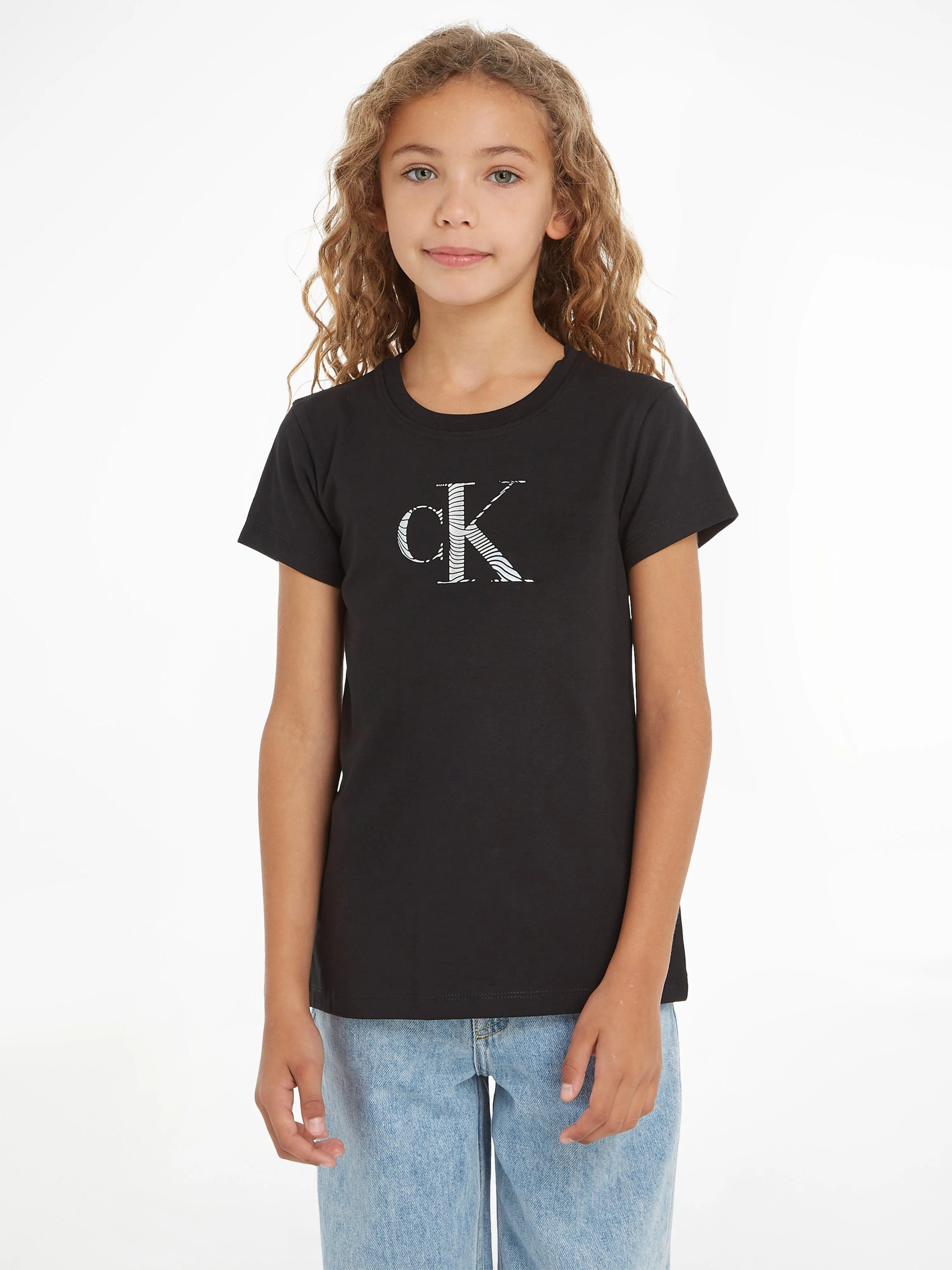 Calvin Klein Girls Iridescent CK Logo T-Shirt in Black