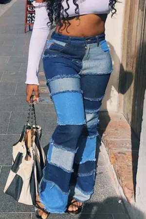 Casual Patchwork Tear High Waist Boot Cut Denim Jeans