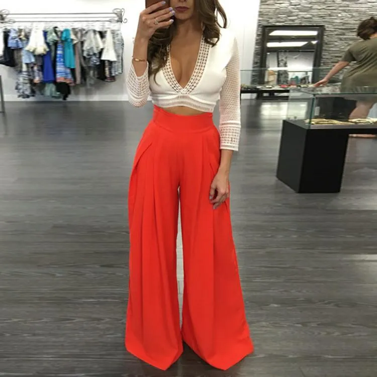 Clearance High Waist Draped Design Wide Leg Long Pants