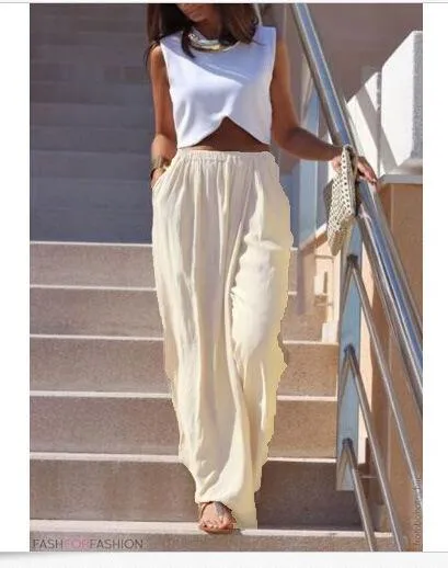 Clearance High Waist Draped Design Wide Leg Long Pants