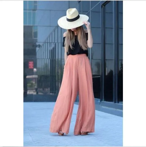 Clearance High Waist Draped Design Wide Leg Long Pants