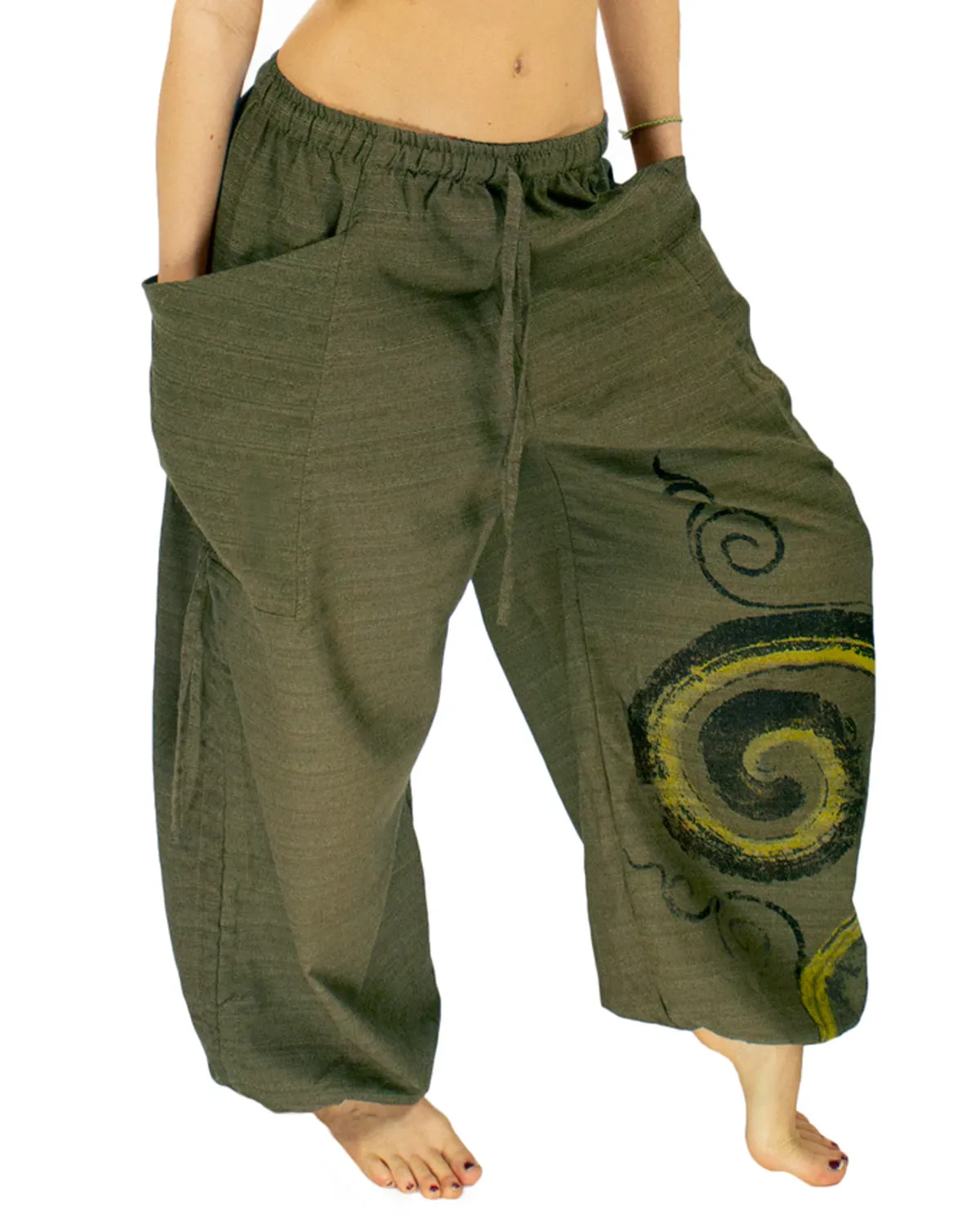 Cotton Low Rise Spiral Harem Pants Green Unisex