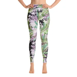 French Lavender Floral Leggings, Purple Long Yoga Running Gym Tights-Made in USA/EU