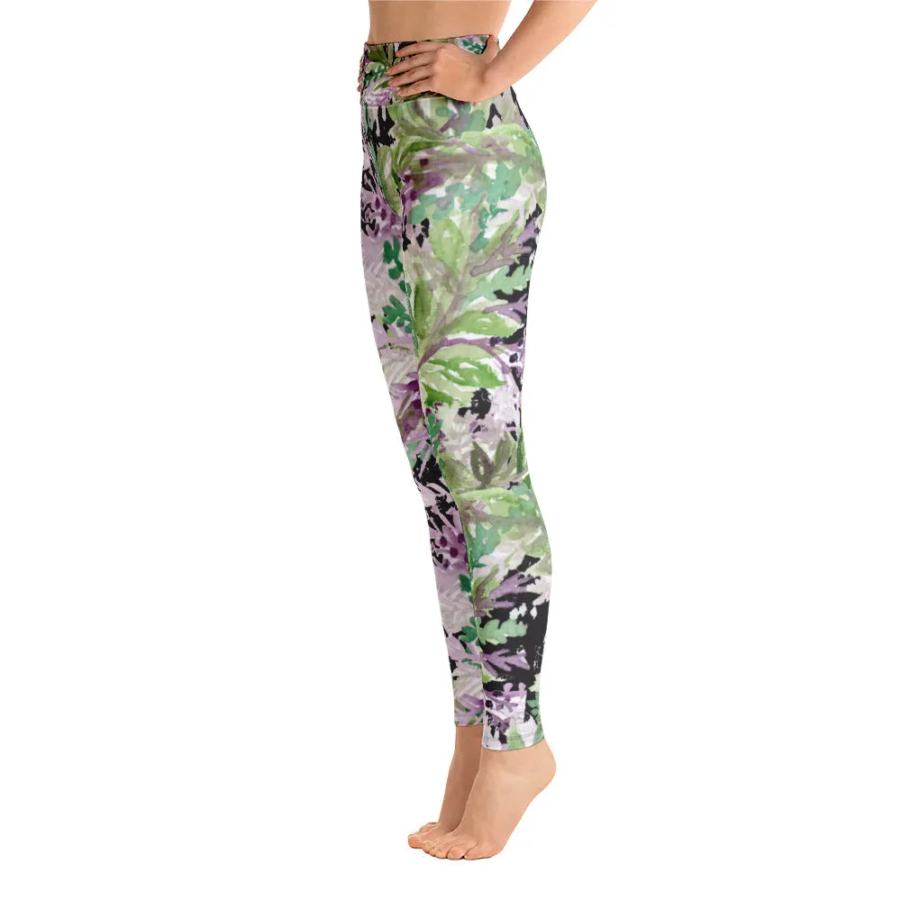 French Lavender Floral Leggings, Purple Long Yoga Running Gym Tights-Made in USA/EU