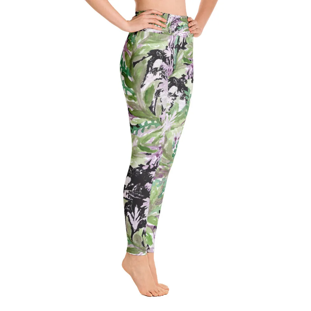 French Lavender Floral Leggings, Purple Long Yoga Running Gym Tights-Made in USA/EU