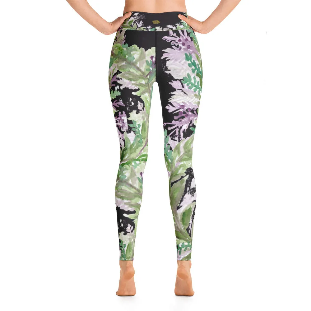 French Lavender Floral Leggings, Purple Long Yoga Running Gym Tights-Made in USA/EU