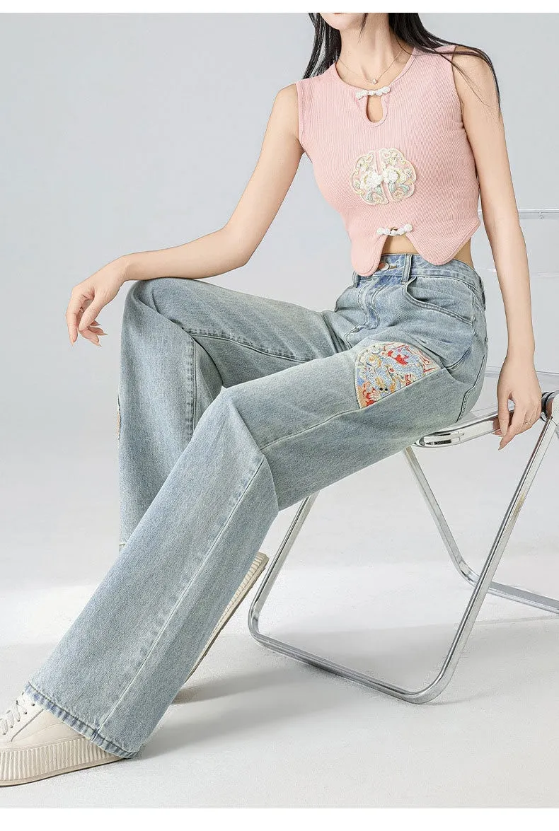 High Waist Straight Niche Design Embroidered Mopping Wide Leg Trousers