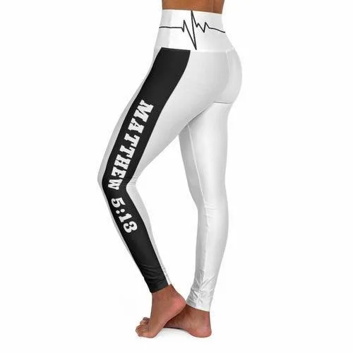 High Waisted Yoga Leggings, White And Black Salt Of The Earth Matthew