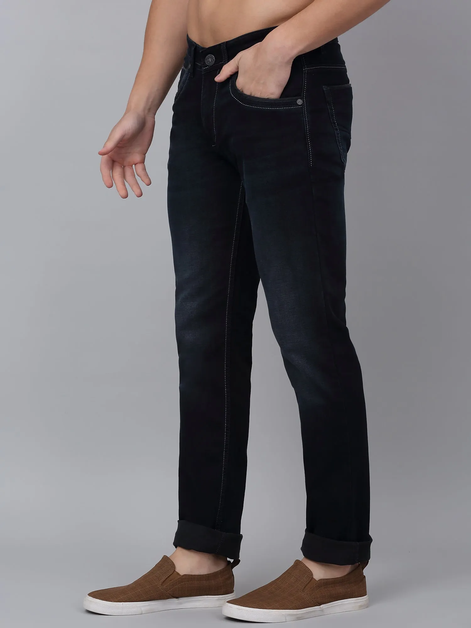 Men's Black Solid Full Length Stretchable Jeans