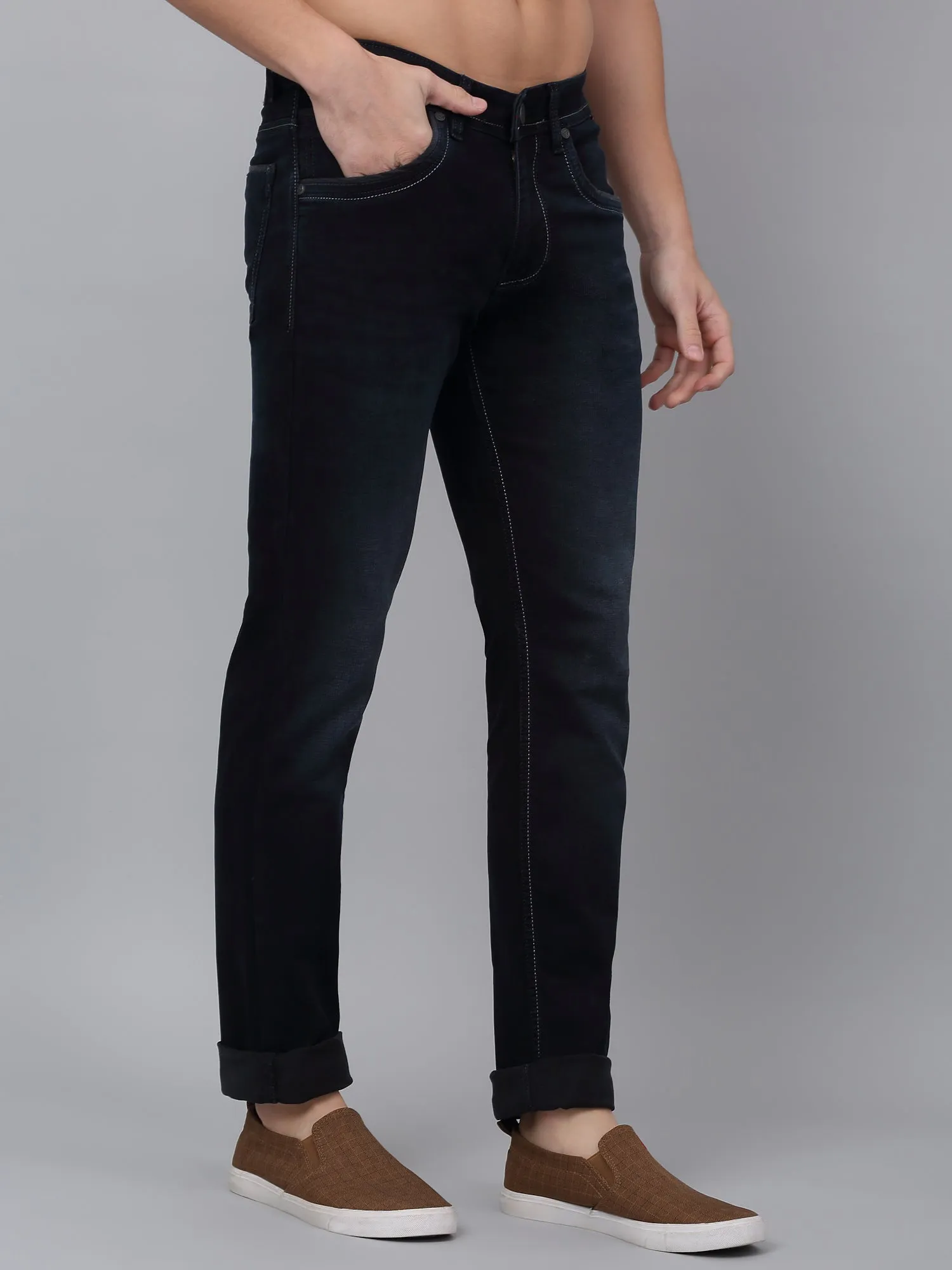 Men's Black Solid Full Length Stretchable Jeans