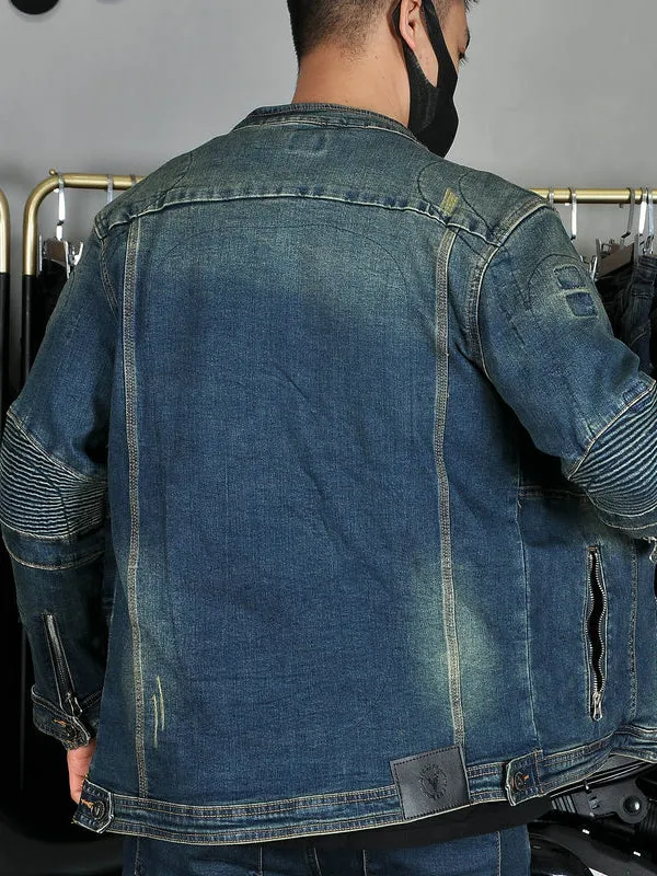 Men’s Vintage Denim Motorcycle Jacket with Elastic Elbow Design & Soft Silicone Armor