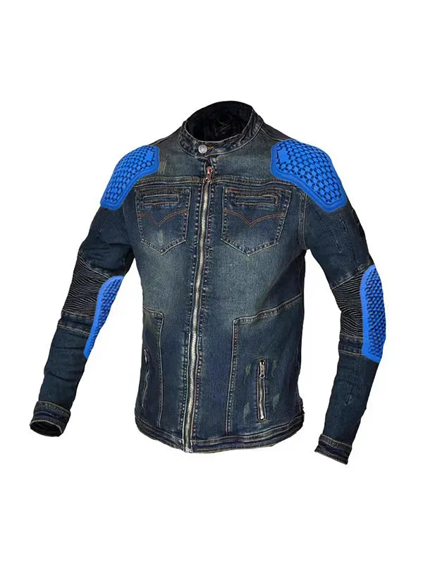 Men’s Vintage Denim Motorcycle Jacket with Elastic Elbow Design & Soft Silicone Armor