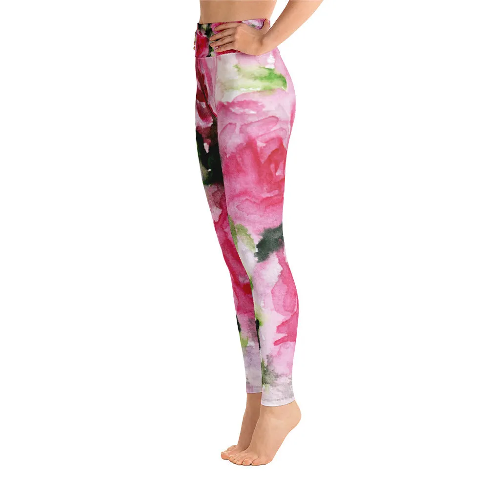 Pink Abstract Floral Women's Leggings, Rose Print Long Yoga Gym Pants- Made in USA/EU