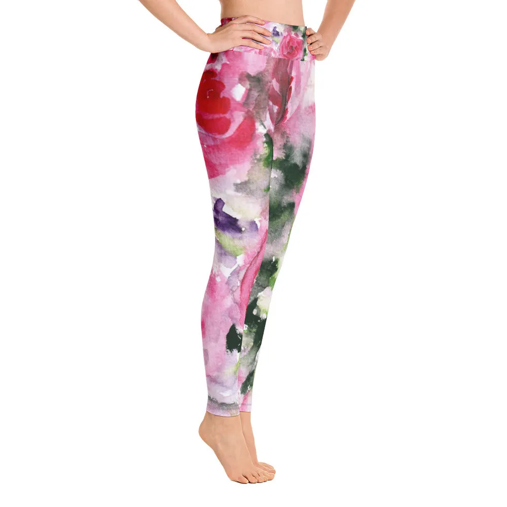 Pink Abstract Floral Women's Leggings, Rose Print Long Yoga Gym Pants- Made in USA/EU