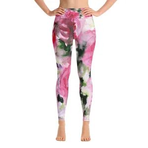 Pink Abstract Floral Women's Leggings, Rose Print Long Yoga Gym Pants- Made in USA/EU