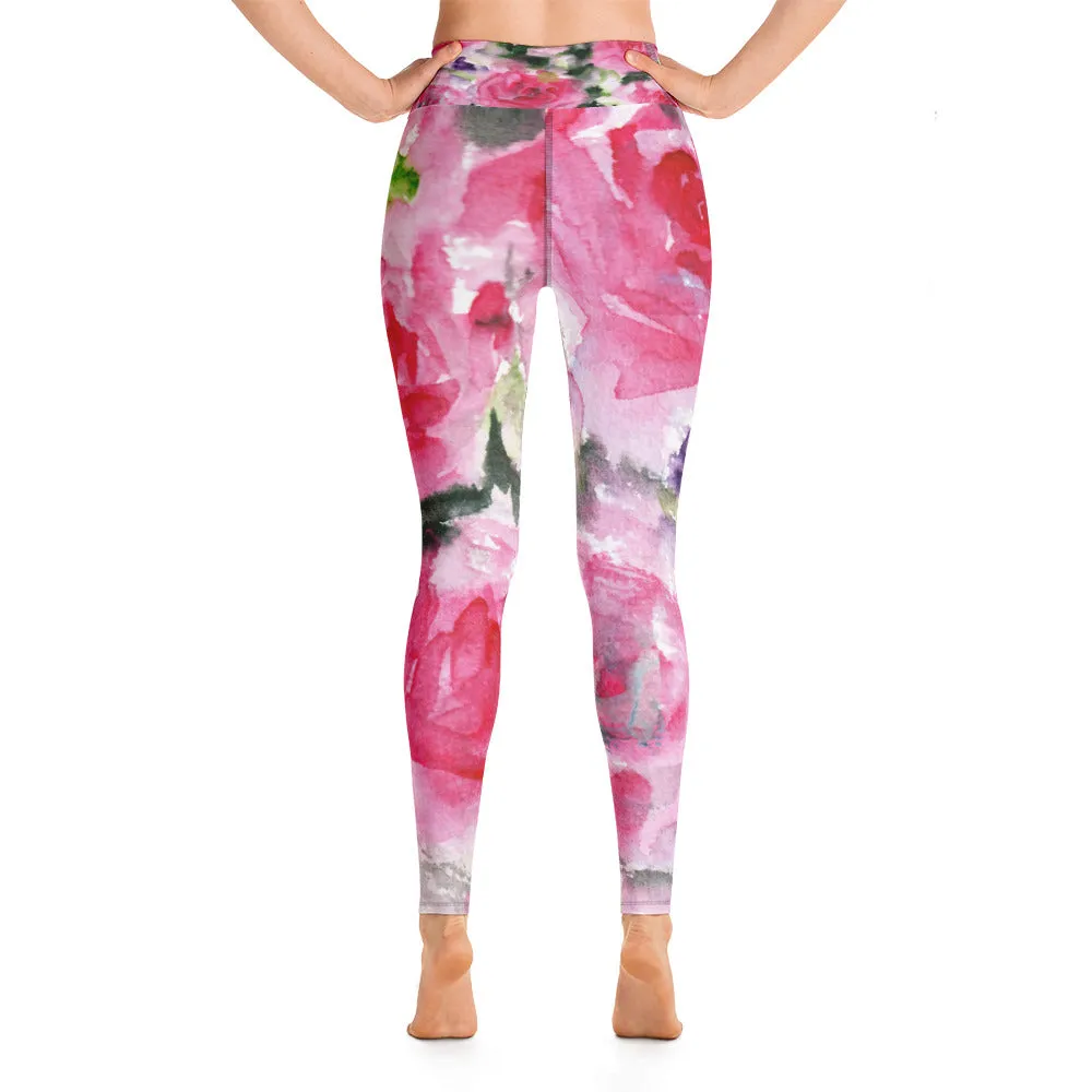 Pink Abstract Floral Women's Leggings, Rose Print Long Yoga Gym Pants- Made in USA/EU