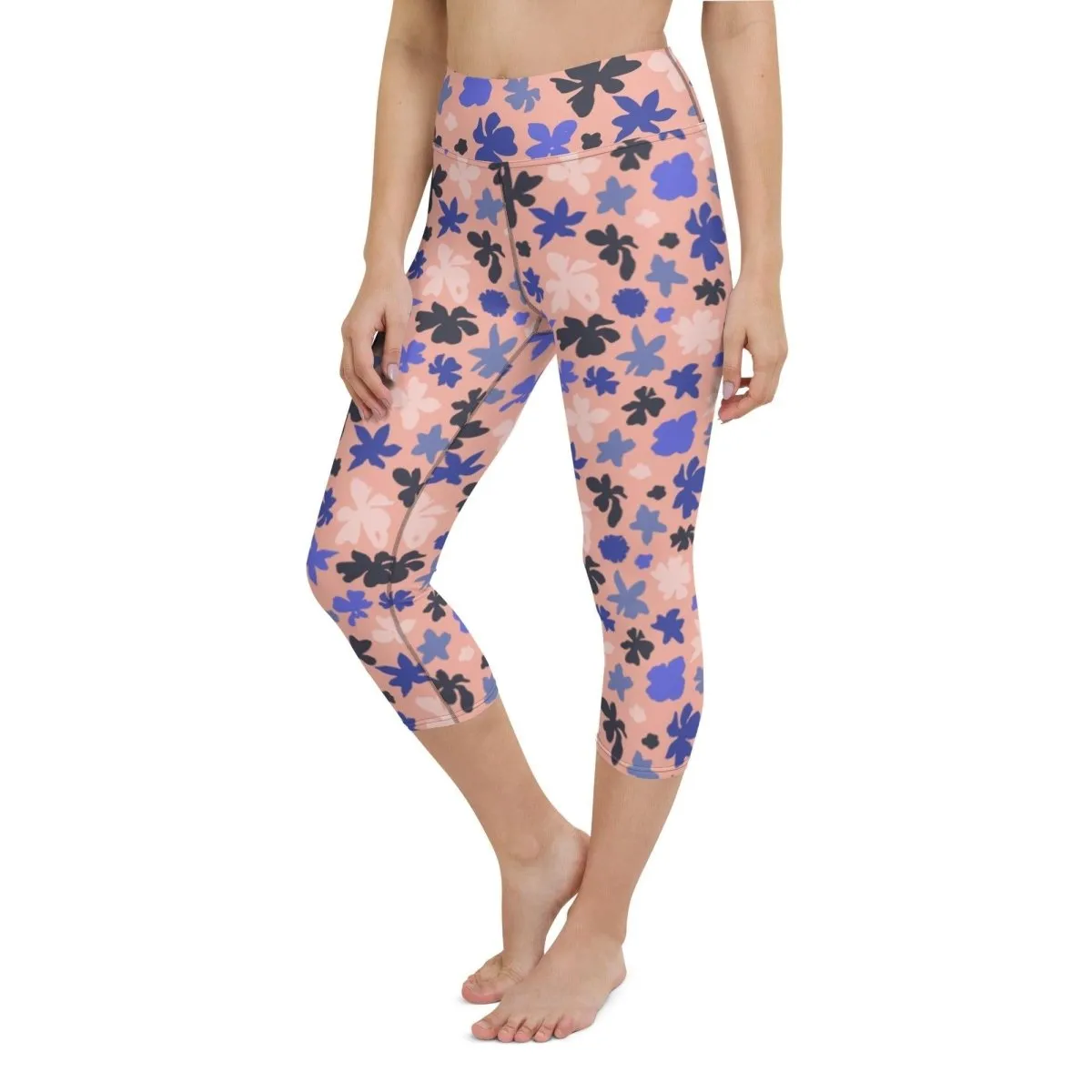 Pink Floral Women's High-Waisted Capri Yoga Pants