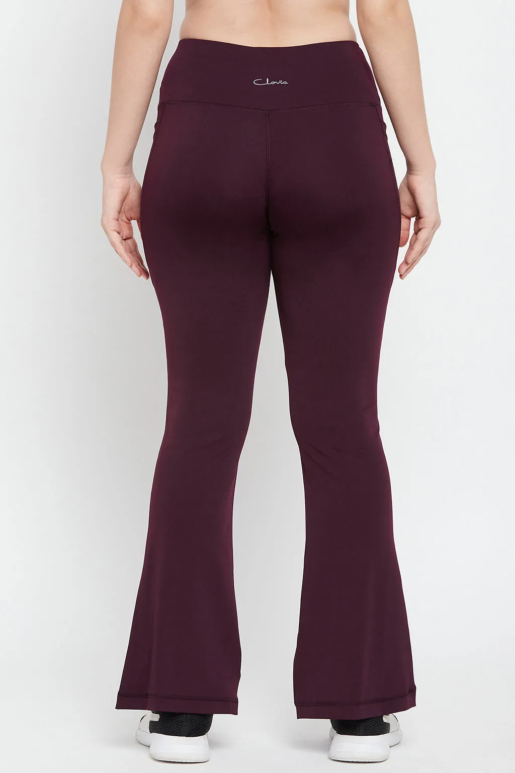 Plum Colour Poly-Spandex Flared Yoga Pant With Side Pockets