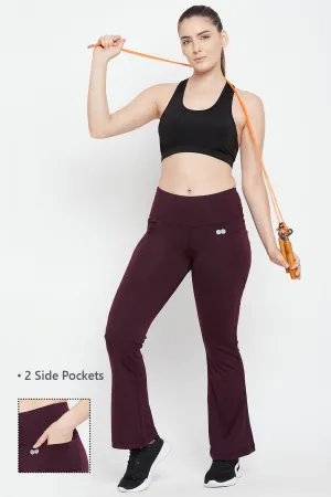 Plum Colour Poly-Spandex Flared Yoga Pant With Side Pockets