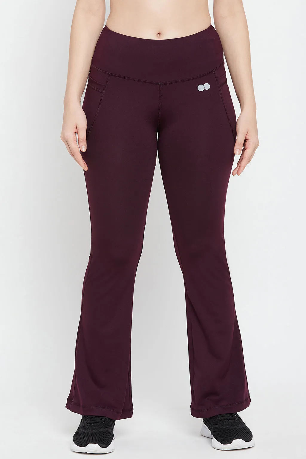 Plum Colour Poly-Spandex Flared Yoga Pant With Side Pockets