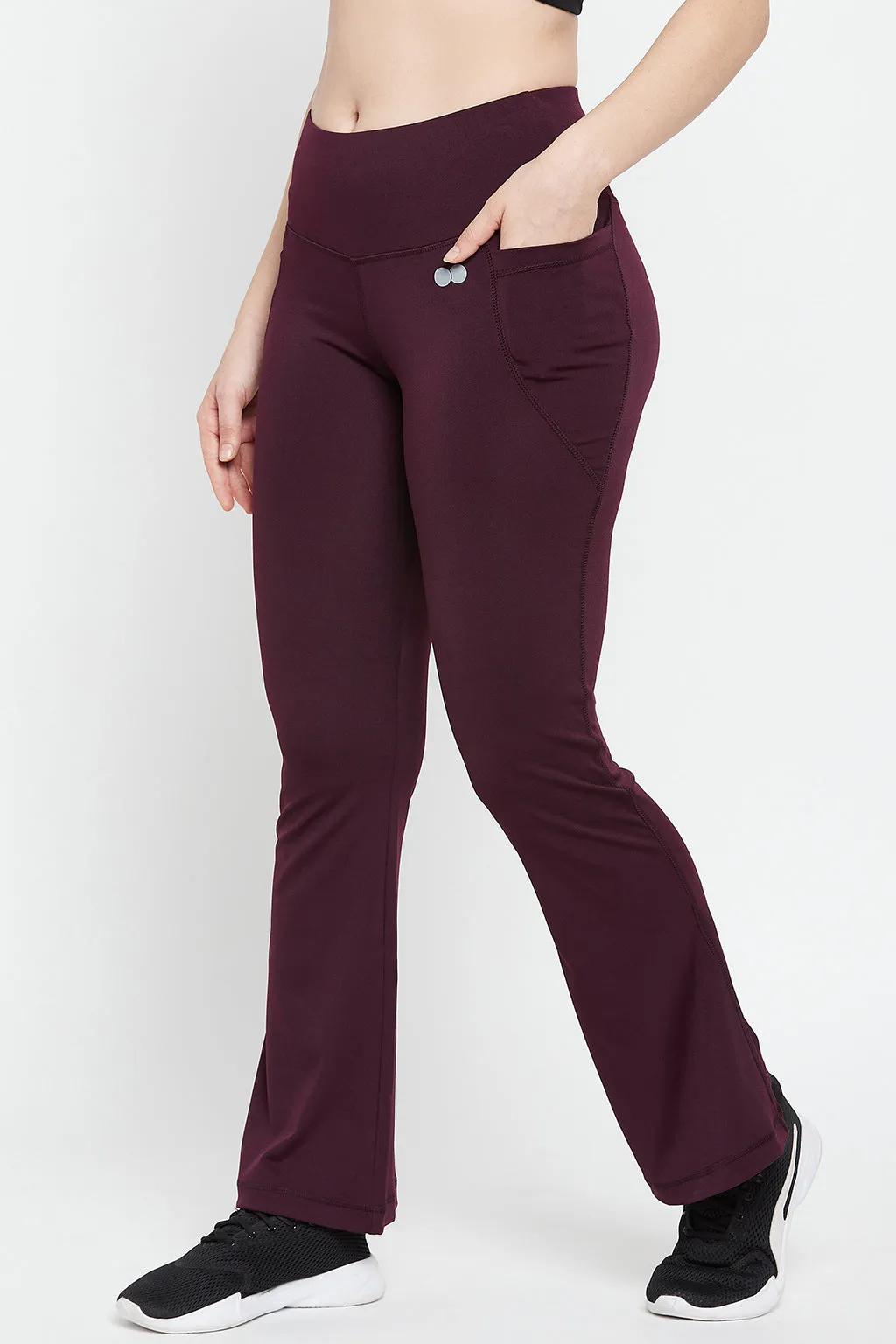 Plum Colour Poly-Spandex Flared Yoga Pant With Side Pockets