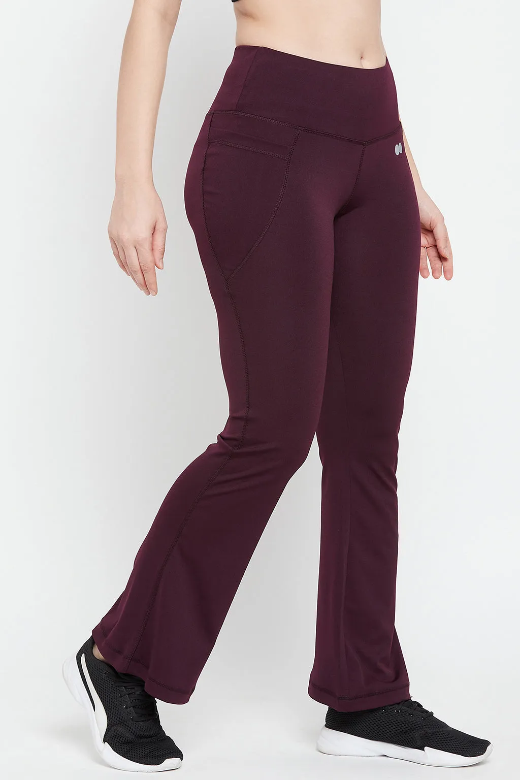 Plum Colour Poly-Spandex Flared Yoga Pant With Side Pockets