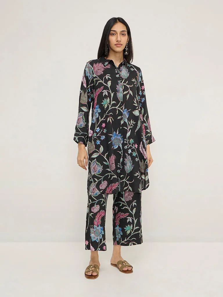 Utsa Black Botanical Design High-Rise Ethnic Pants