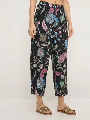 Utsa Black Botanical Design High-Rise Ethnic Pants