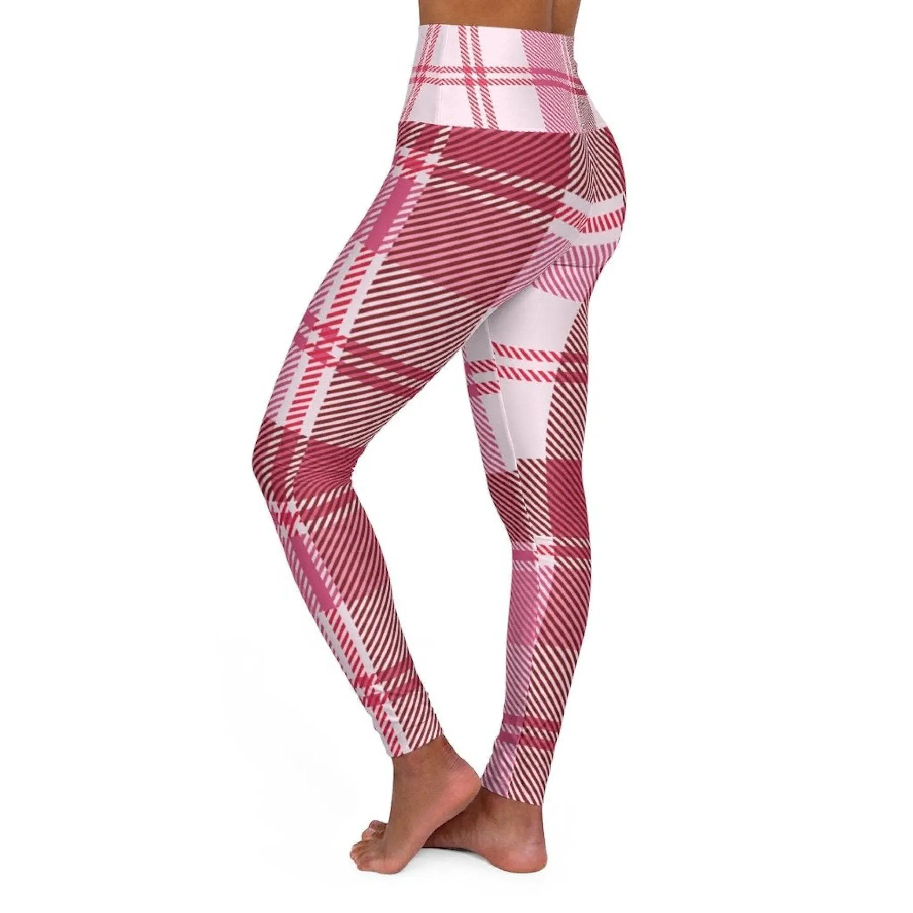 Womens Leggings, Pink And White Plaid Style High Waisted Fitness Pants